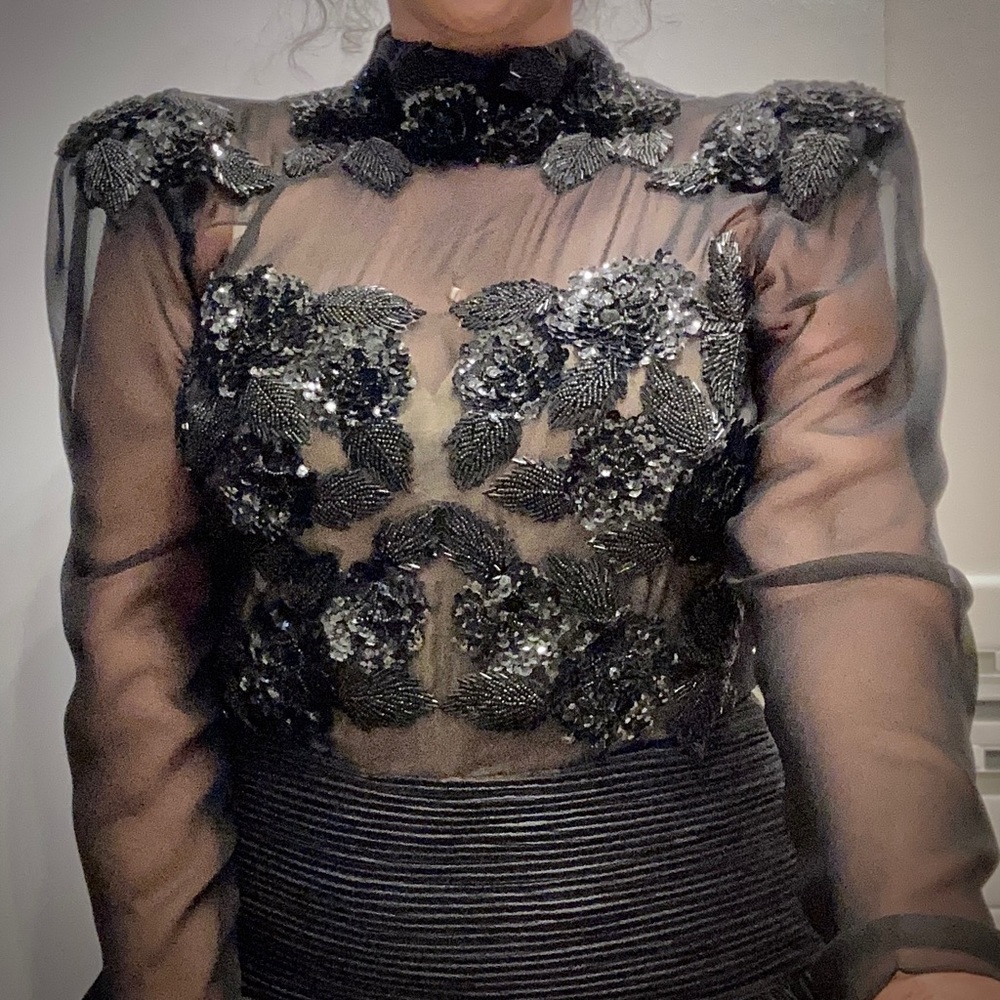 Conelli Vintage black beaded sequined tiered crinoline evening dress size 10